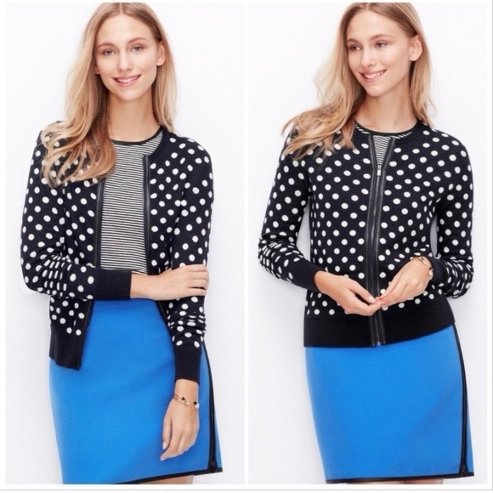 Ann Taylor Polka Dot Zip Cardigan Viscose Cashmere Blend Navy White Size M